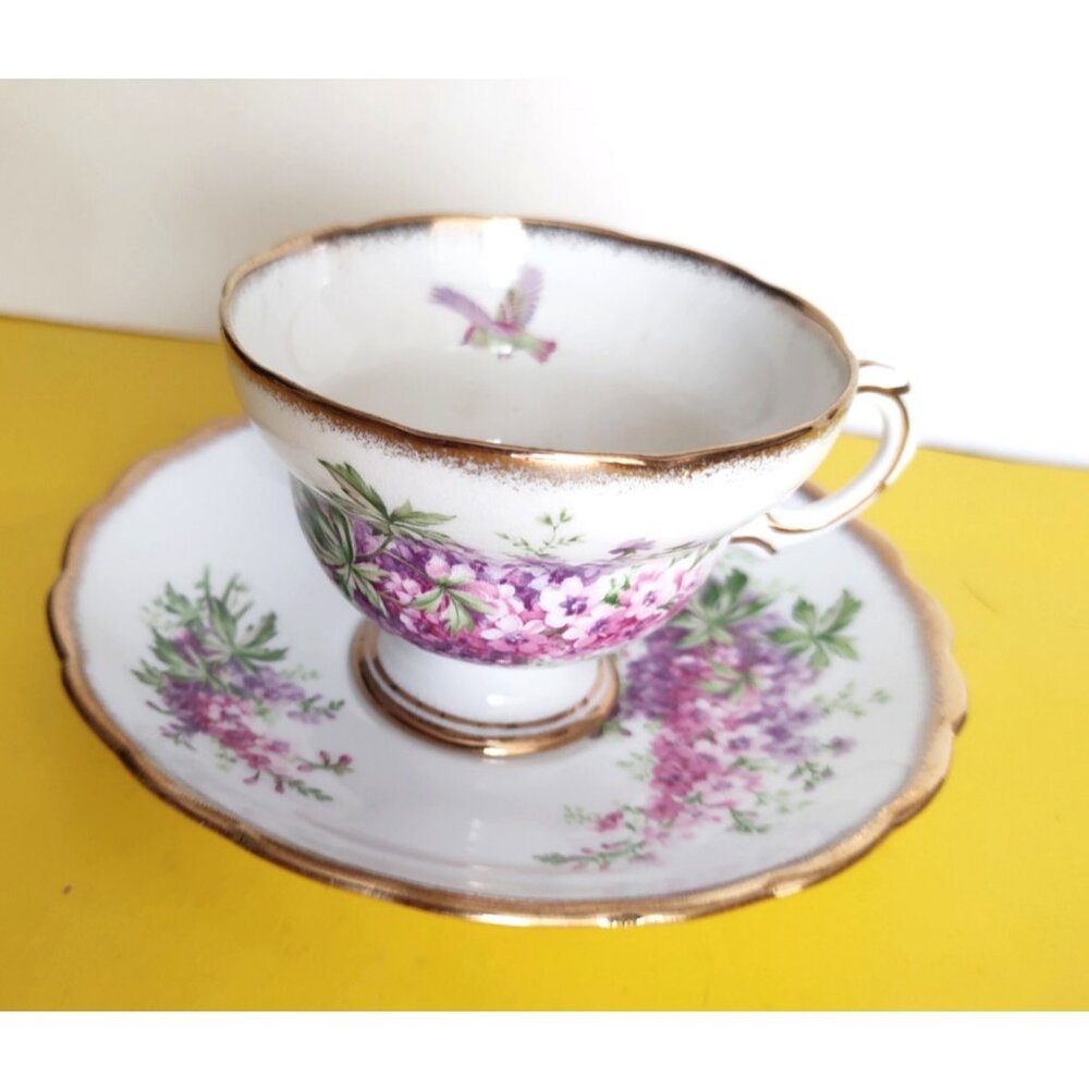 Rosina Tea cup and Saucer, Floral Bouquet with bird, Gold Accents England